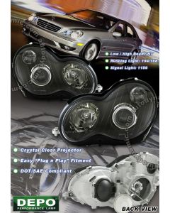 Mercedes Benz C-Class W203 Chasis 2001-2007 Projector Headlights in Black Housing