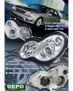 Mercedes Benz C-Class 2001-2007 Projector Headlights in Chrome Housing