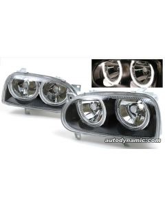 Volkswagen Golf III 93-99 Black Housing Headlights with Dual Angel Rings