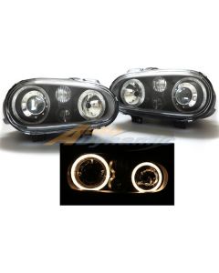 Volkswagen Golf IV / GTI / Cabrio 99-04 Black Housing Projector Headlights with Dual Angel Eyes and Fog Lights